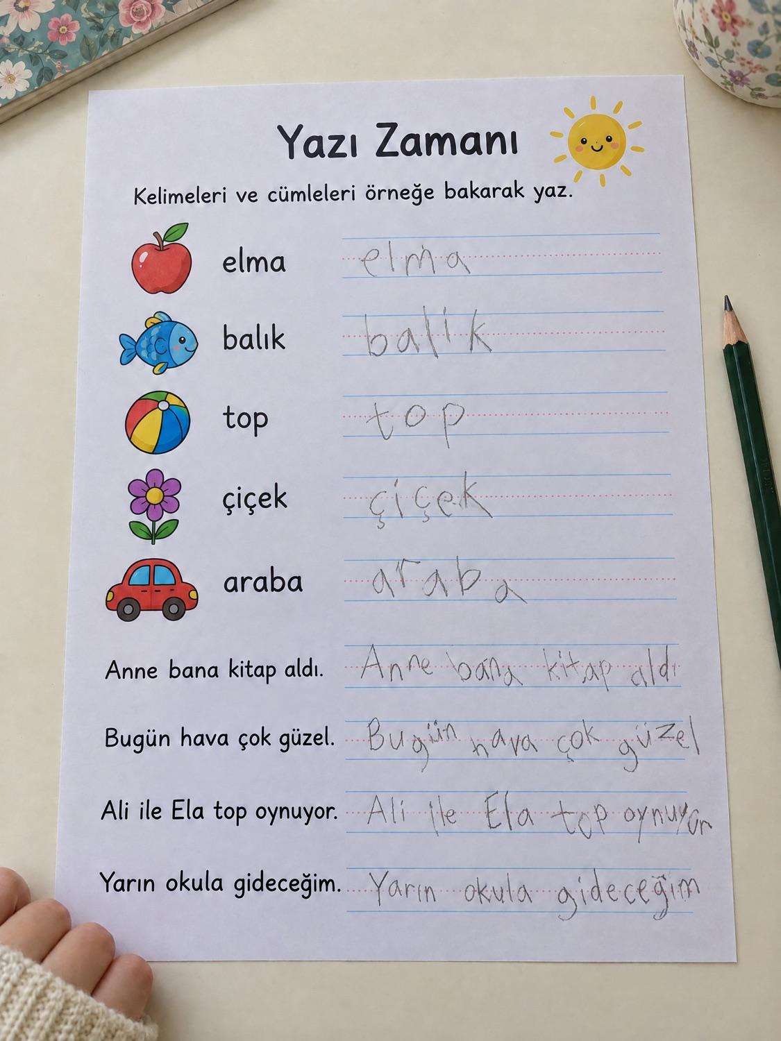 Aynı çalışma kâğıdında kelimelerin kurşun kalemle titrek ve dengesiz yazılmış hâli (örnek görsel)