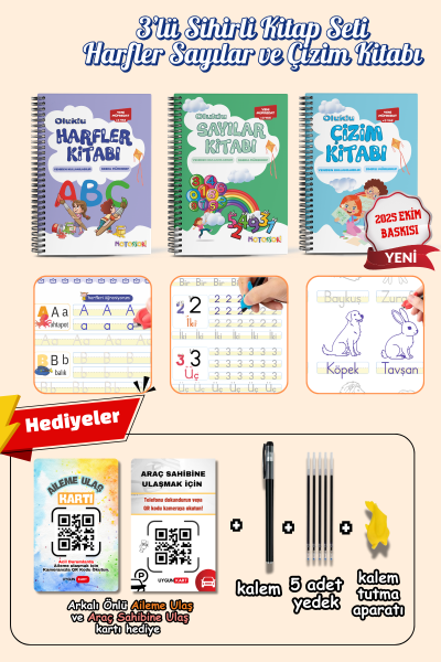Harfleri | Sayıları ve Çizmeyi Öğreten Oluklu (Kabartmalı) 3’lü Kitap Seti | Sihirli Yazı Defterleri