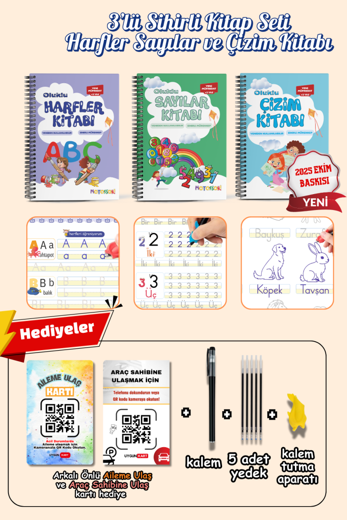 Harfleri | Sayıları ve Çizmeyi Öğreten Oluklu (Kabartmalı) 3’lü Kitap Seti | Sihirli Yazı Defterleri - Görsel 2